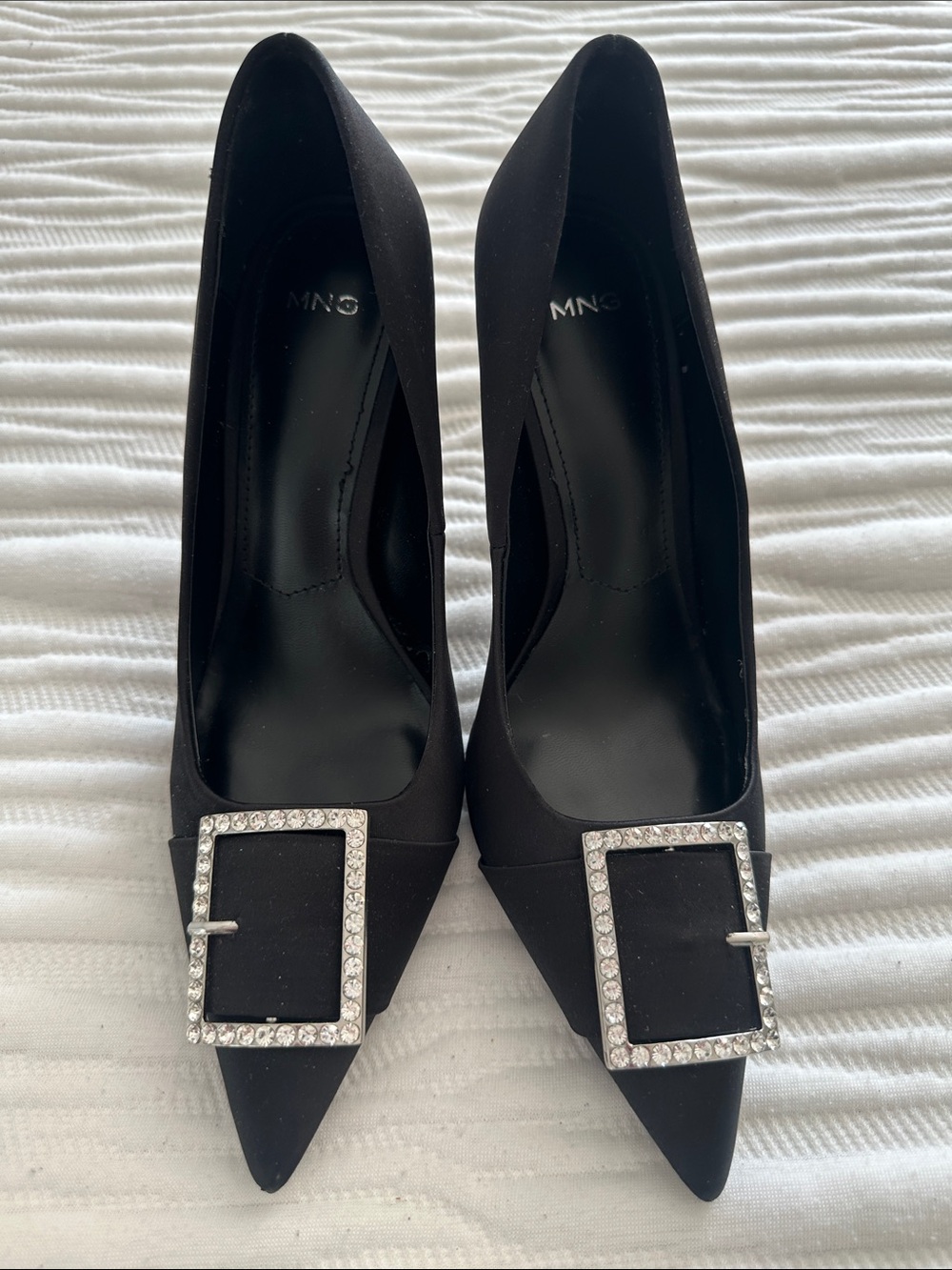 Mango Black Pointed Toe Pumps with Crystal Buckle